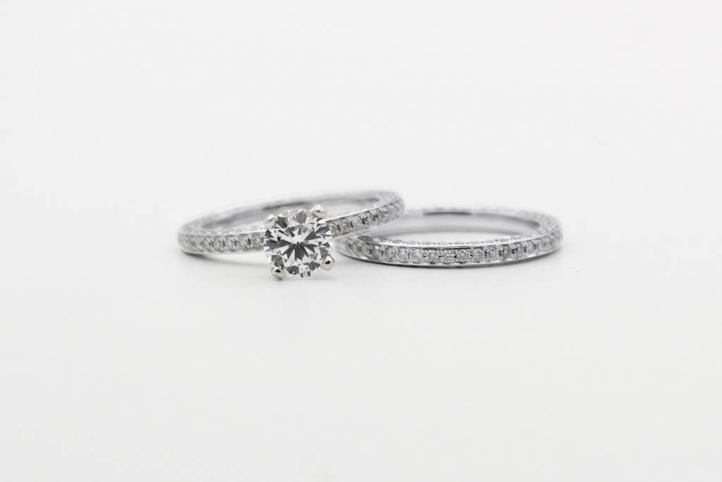 pave diamond ring solitaire and pave wedding ring 