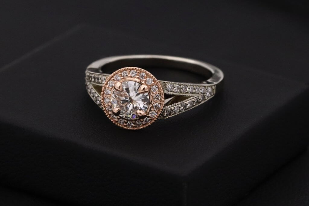 rose gold round diamond halo engagement ring 