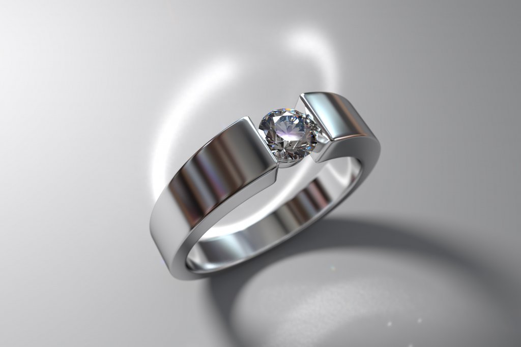 wide white gold round cut diamond ring  tension settings