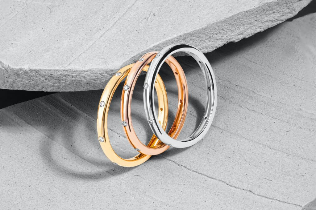 3 golden rings with diamonds - white yellow rose - Gold 