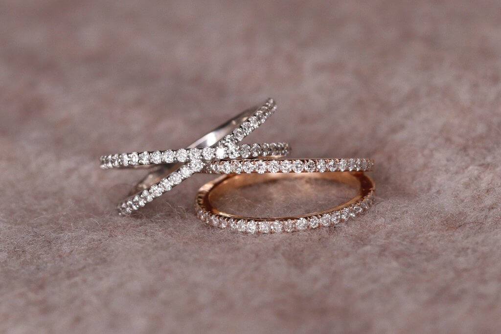 wedding bands pave diamonds - white yellow rose - Gold 