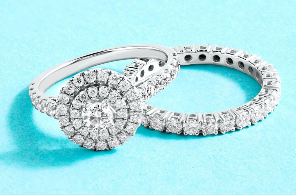 double halo round diamond ring and wedding band enternity