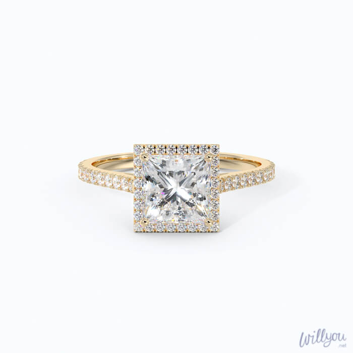 princess-cut-halo-engagement-ring-in-yellow-gold-front-down- Square Halo Engagement Rings